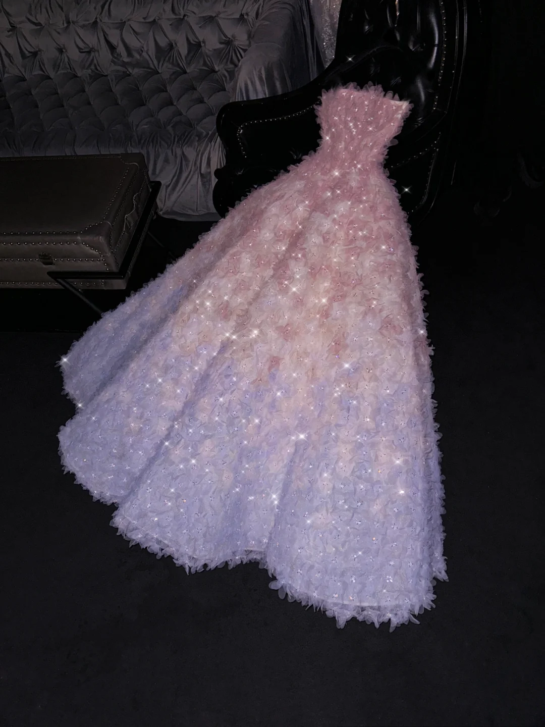 Purple Pink Ombre A Line Strapless 3D Flower Tulle Long Prom Dress Graduation Prom Dress SH2451