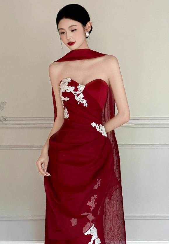 Burgundy Mermaid Sweetheart Neck White Applique Tulle Prom Dress Party Dress SH4077