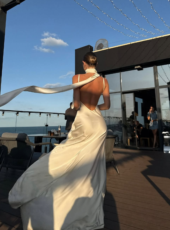 Simple White A Line Spaghetti Strap Satin Open Back Prom Dress Wedding Guest Dress SH4531