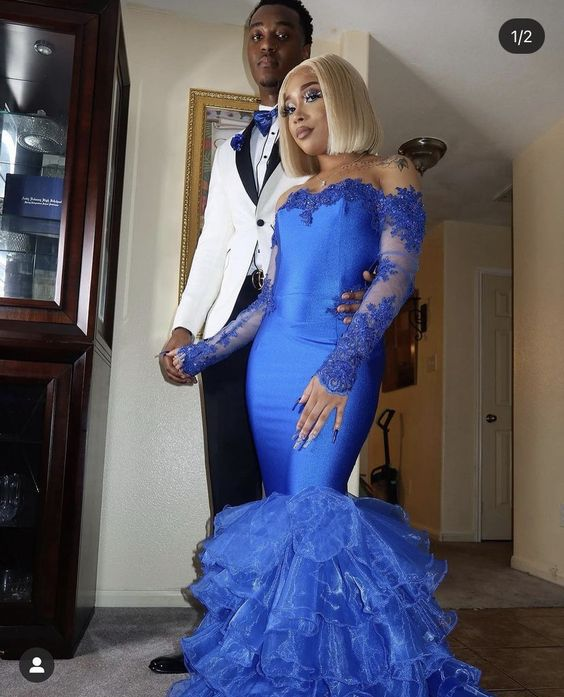 Royal Blue Satin Applique Layered Tulle Mermaid Prom Dress With Long Sleeves Gloves SH925