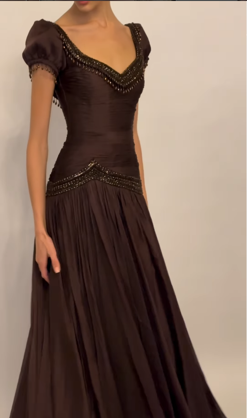 Dark Brown A Line Short Sleeve Beaded Chiffon Long Prom Dress Evening Dress SH4623