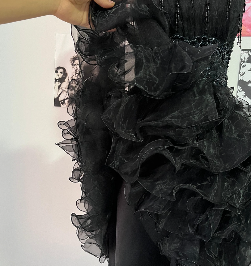 Cute A Line Spaghetti Strap Beaded Ruffle Black Tulle Short Homecoming Dress SH2060