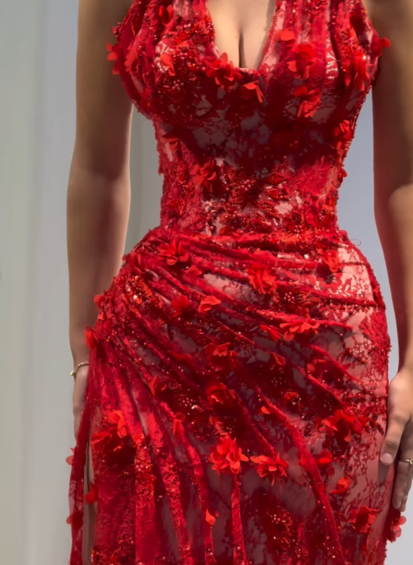 Baby Red Sheath V Neck Beaded 3D Floral Lace Prom Dress Evening Dress SH4544