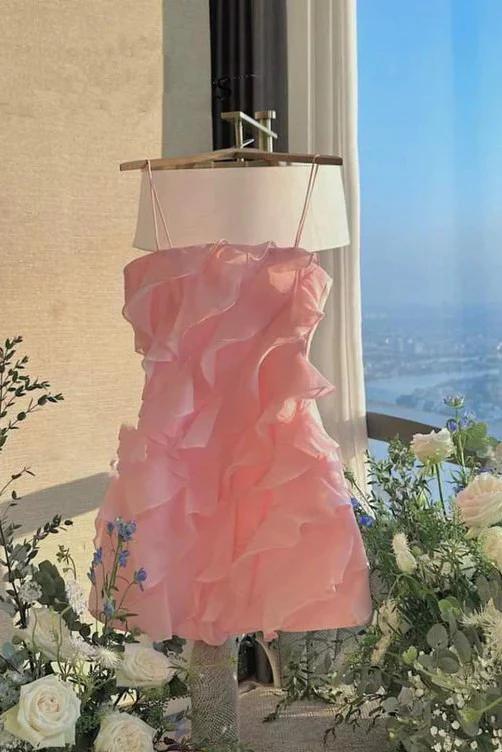 Short Spaghetti Straps White Chiffon Party Dress, Homecoming Dress With Ruffles SH773