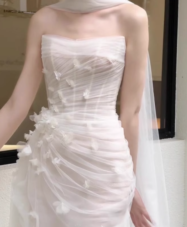 White Sheath Strapless Floral Pleated Tulle Long Prom Dress Wedding Dress SH4199