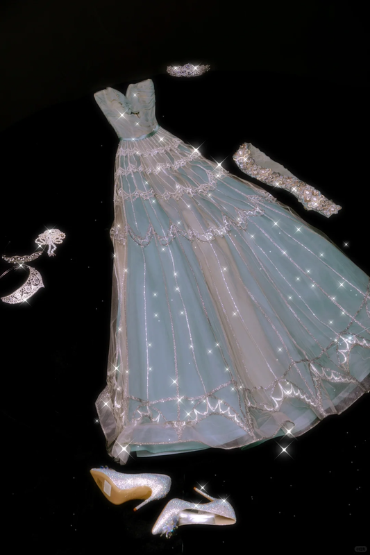 Stunning Blue A Line Strapless Beaded Tulle Prom Dress Evening Dress SH3393