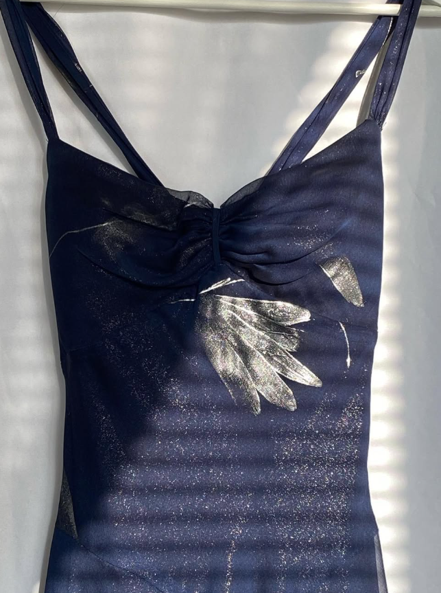 Charming Print Floral A Line Spaghetti Strap Navy Blue Chiffon Homecoming Dress Party Dress SH3570