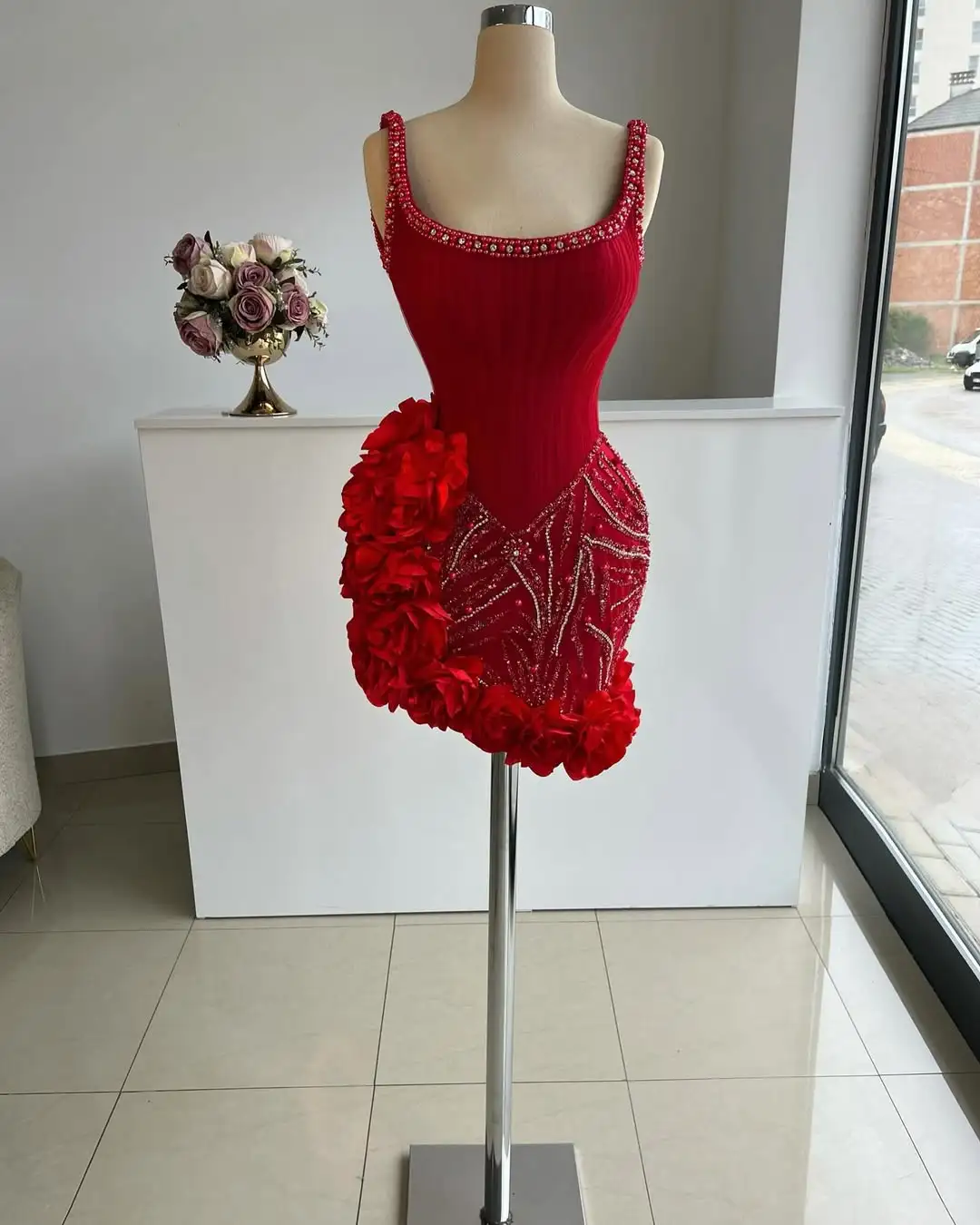 Stunning Sheath Straps Beaded Red Satin Tulle Short Homecoming Dress Cocktail Dress SH3195