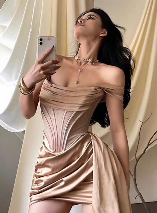 Sexy Sheath Off the Shoulder Corset Brown Satin Homecoming Dress Cocktail Dress SH3188