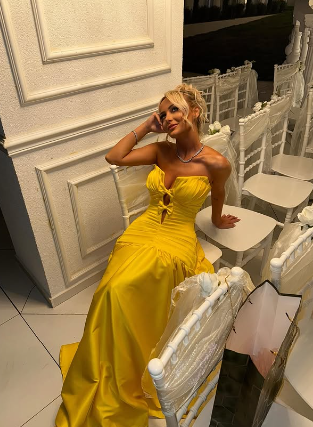 Bright Yellow Bow A Line Strapless Satin Prom Dress Evening Dress SH6344