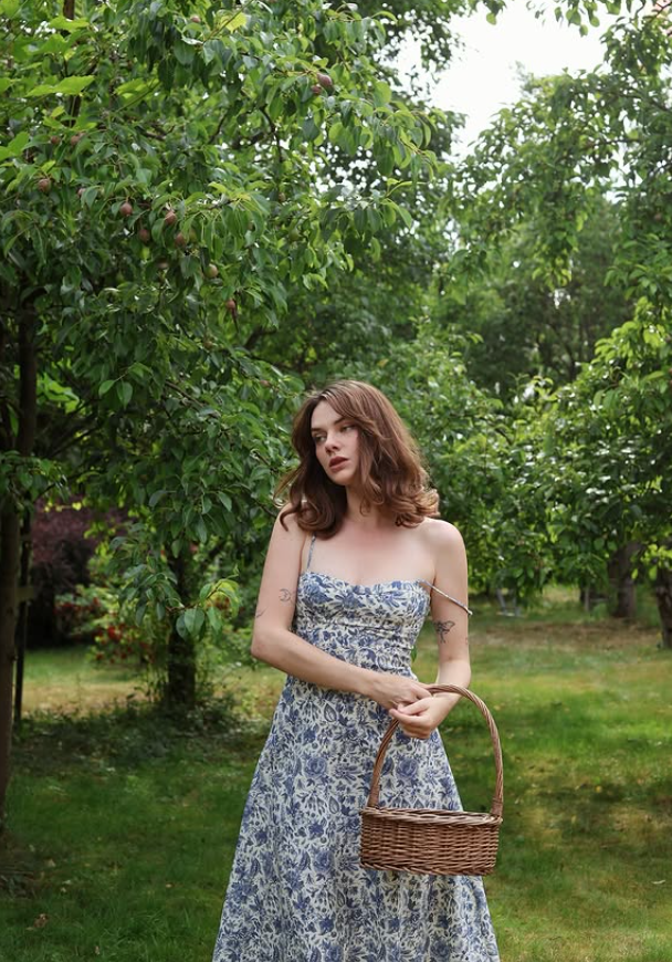 Blue Print Floral A Line Spaghetti Strap Satin Prom Dress Evening Dress SH5770