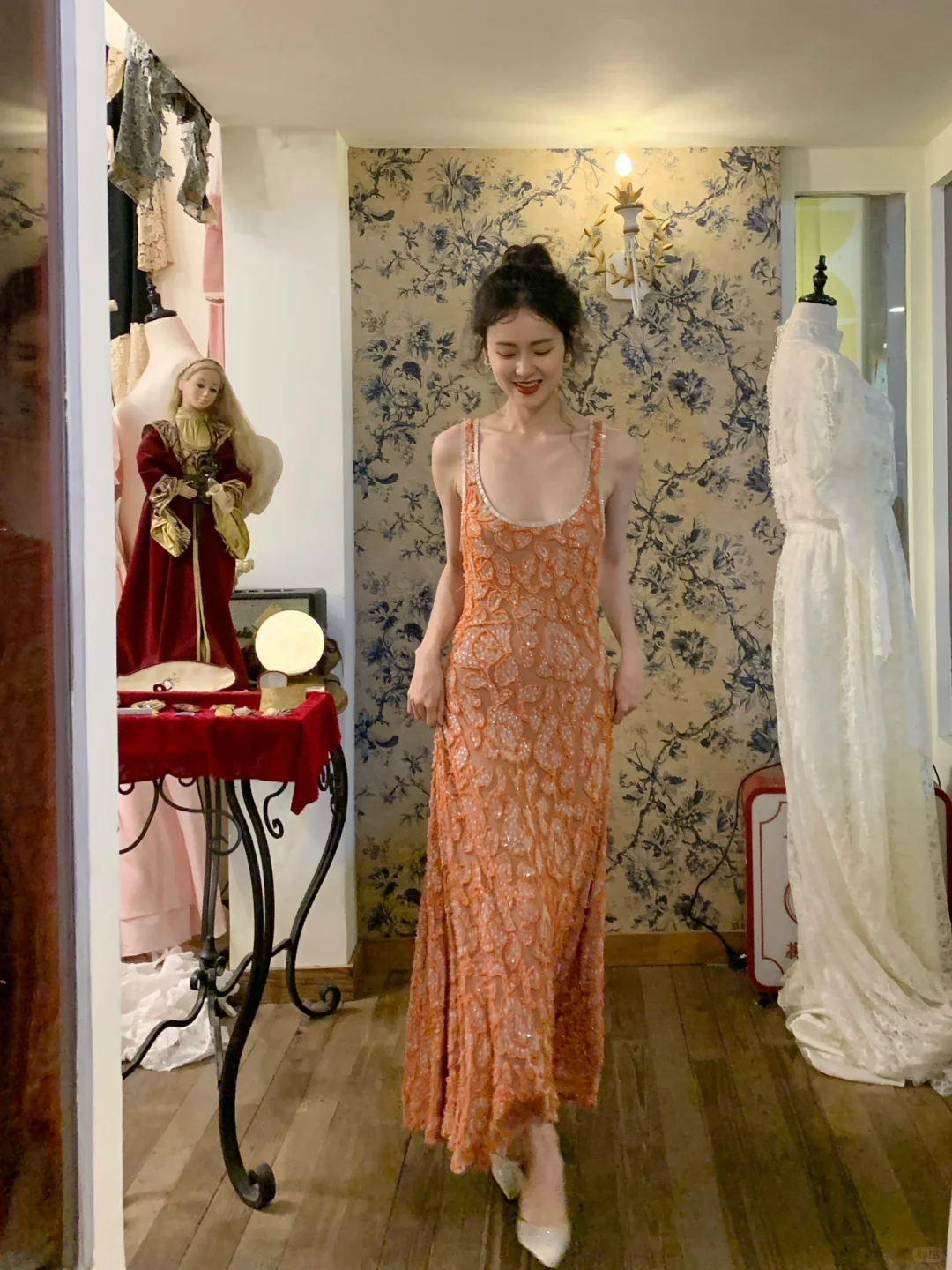 Vintage Exquisite A Line Straps Orange Beaded Tulle Prom Dress Wedding Guest Dress SH4497