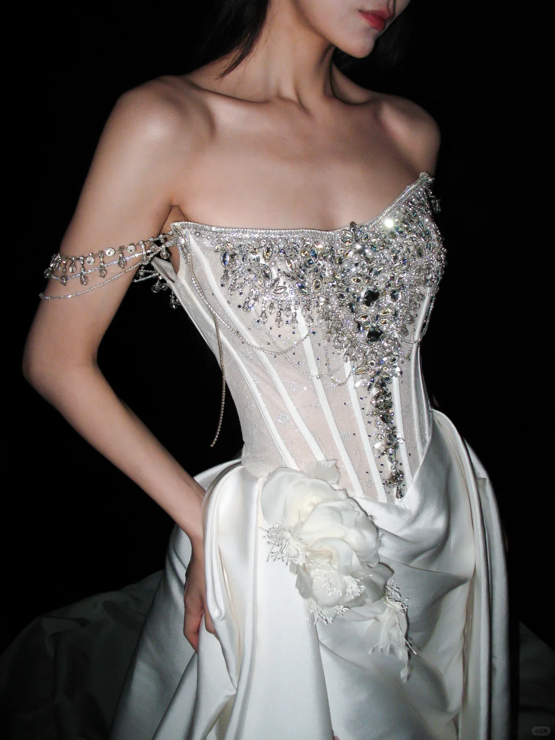 Shiny A Line Straps Rhinestone White Satin Long Wedding Dress with Slit SH8884