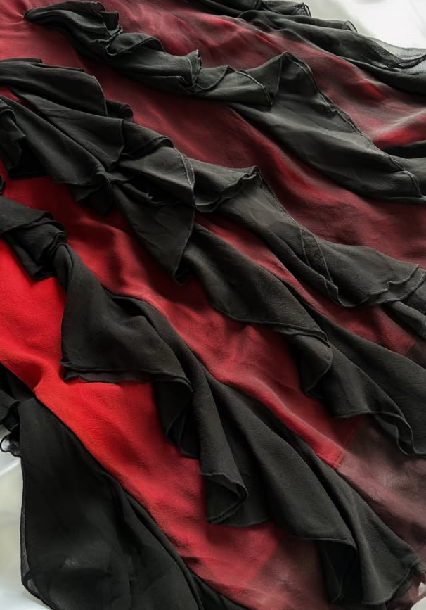 Vintage Sexy A Line Black Beaded Ruffle Red Chiffon Long Party Dress Prom Dress SH5469