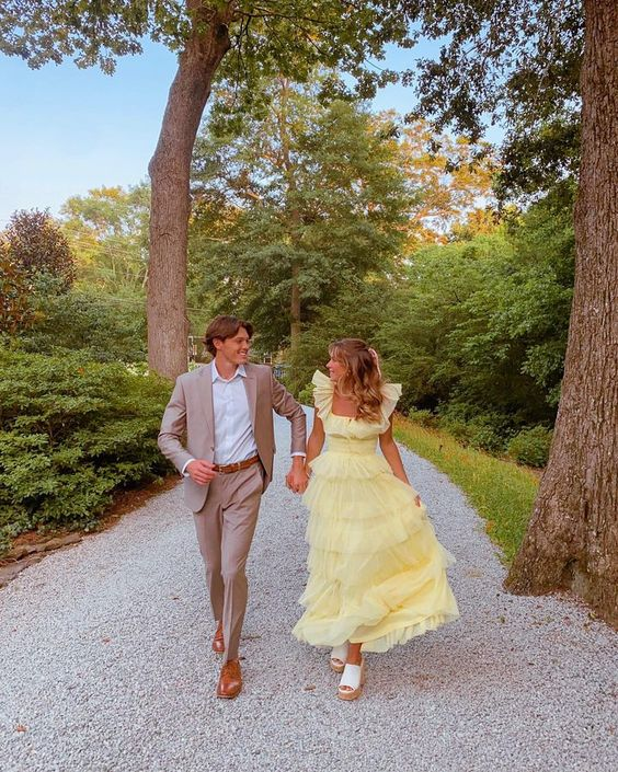 yellow tulle prom dress Extra Puffy Yellow Tulle Yellow prom dresses 2023 with Ruffles and V-Neckline