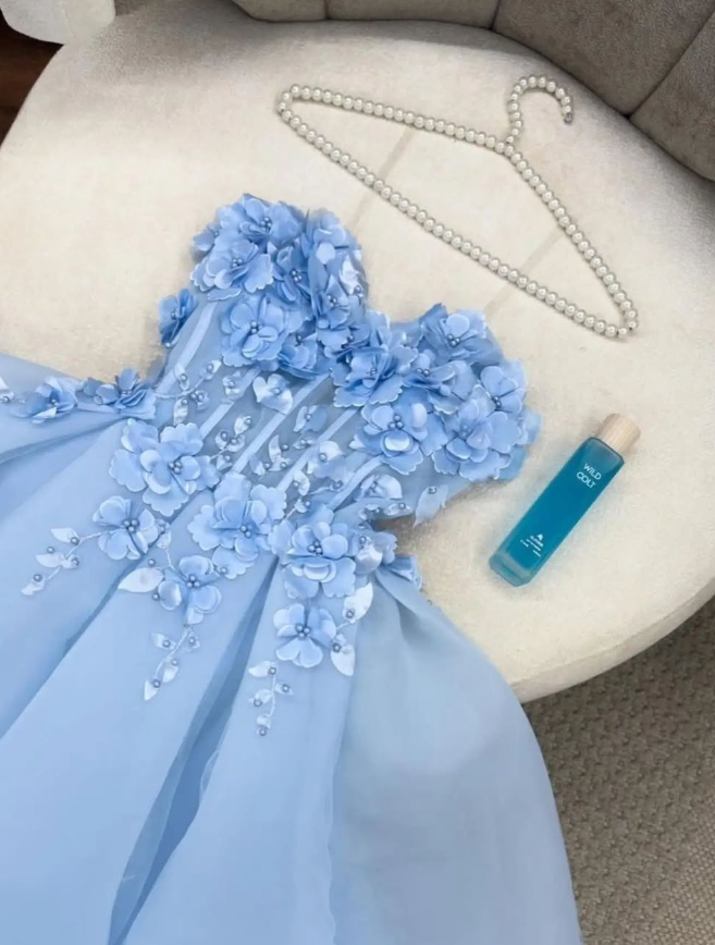 Baby Blue A Line Sweetheart Neck 3D Flower Tulle Prom Dress Evening Dress SH2255