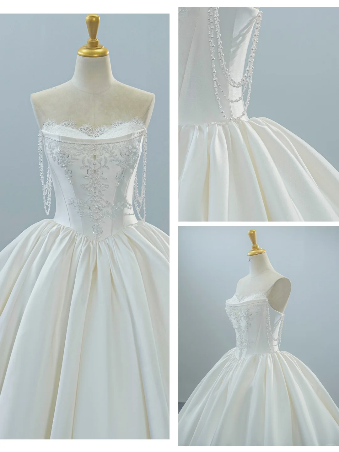 White Pearl Ball Gown Strapless Lace Satin Long 16th Birthday Dress Wedding Dress SH3962