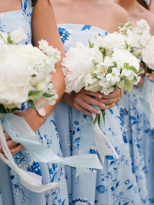 Blue Print Floral A Line Strapless Satin Long Bridesmaid Dress SH6319