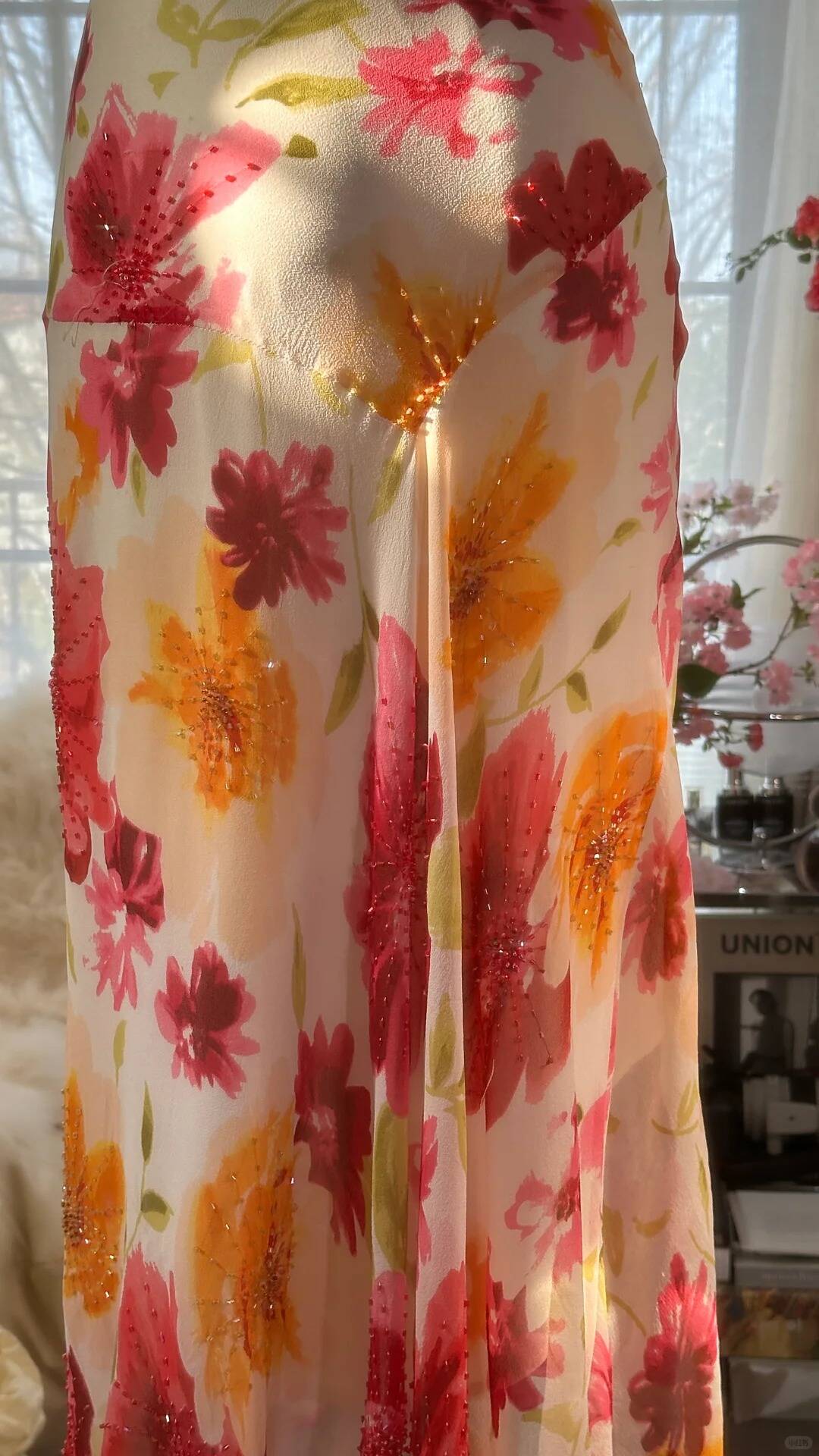 Flowy Mermaid Spaghetti Strap Print Flower Beaded Chiffon Party Dress SH3291