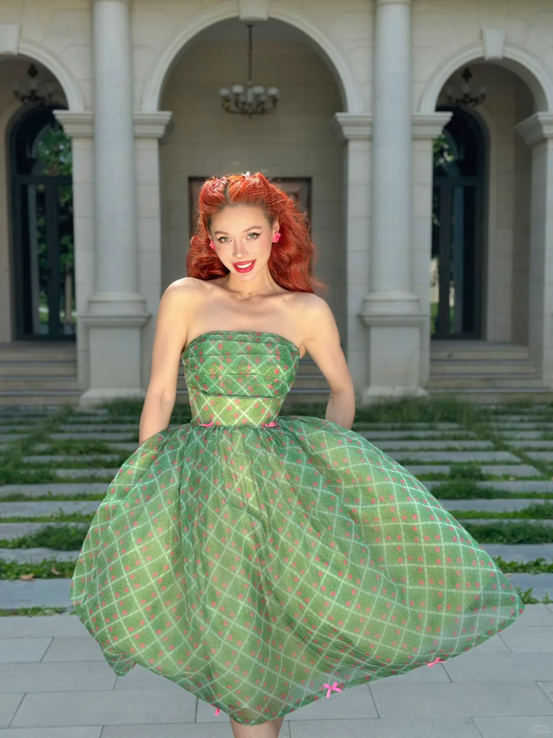 Vintage Ball Gown Strapless Green Plaid Chiffon Party Dress Homecoming Dress SH4301