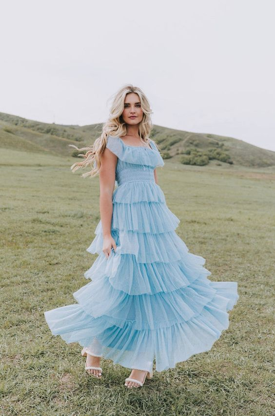 Fairy Sky Blue Sequare Neck Tiered Tulle Evening Dress Long Prom Dress shinydress Fairy Sky Blue Sequare Neck Tiered Tulle Evening Dress Long Prom Dress shinydress