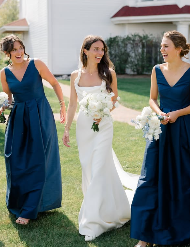 Classic Navy Blue A Line V Neck Satin Long Bridesmaid Dress SH6318