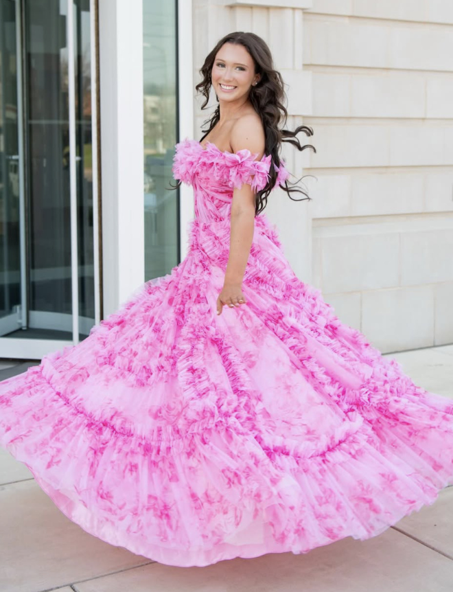 Sweety Pink Print Floral A Line Off the Shoulder Tulle Prom Dress Date Dress SH6501