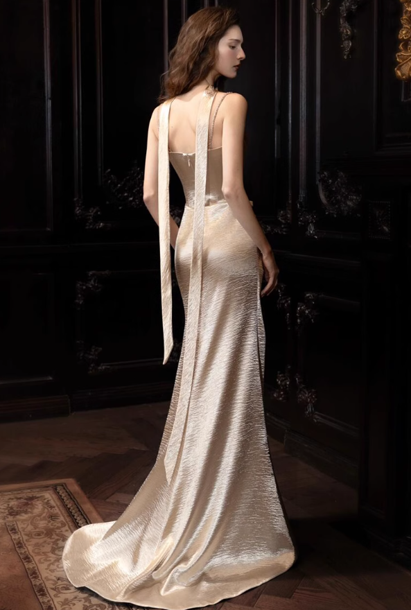 Champagne A Line Spaghetti Strap Pleated Satin Prom Dress Party Dress SH4140