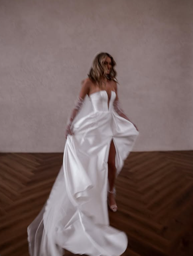 A Line Deep V Neck Satin Long Sweep Wedding Dress Prom Dress with Slit SH4127