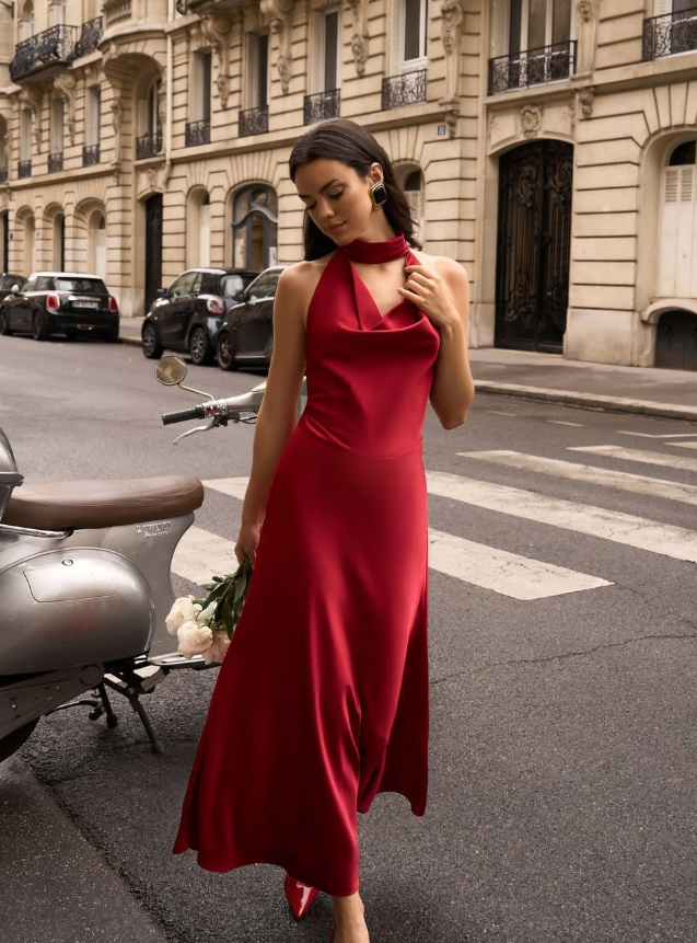 Sexy Burgundy A Line Halter Pearl Satin Open Back Prom Dress Party Dress Formal Dress SH4001