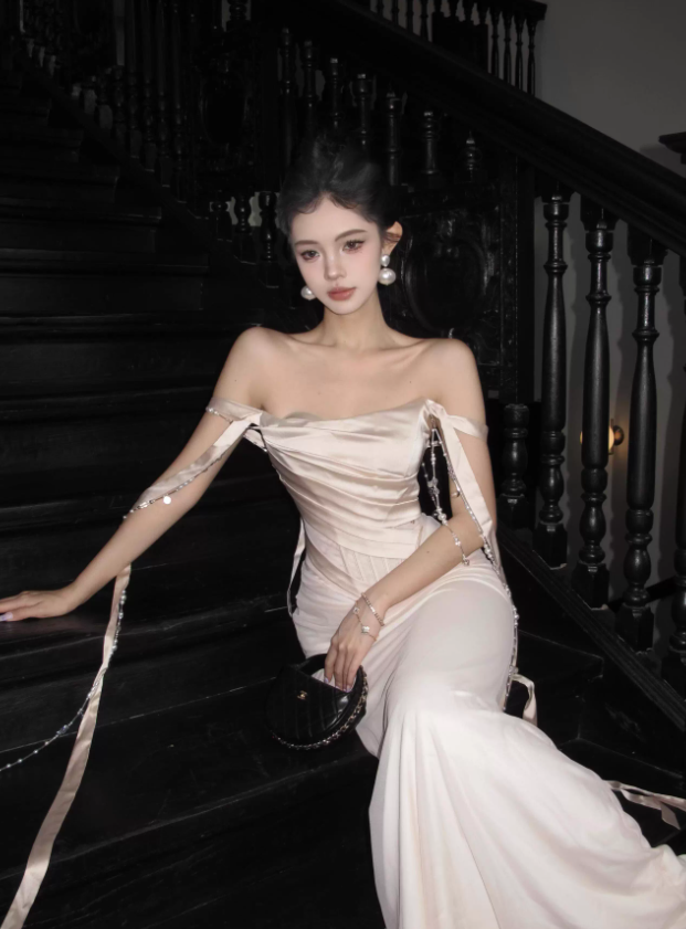 Apricot Gentle Mermaid Off the Shoulder Satin Prom Dress Evening Dress SH3762