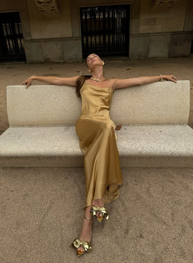 Simple Pecan Bronze A Line Spaghetti Strap Satin Open Back Prom Dress Wedding Guest Dress SH4450