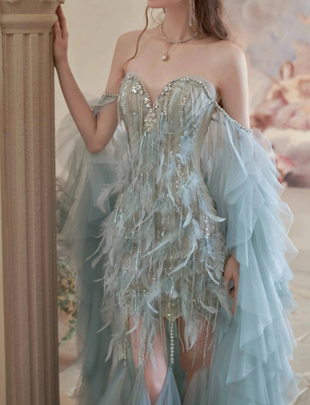 Dreamy Blue Mermaid Sweetheart Neck Feather Tulle Prom Dress Party Dress SH4079