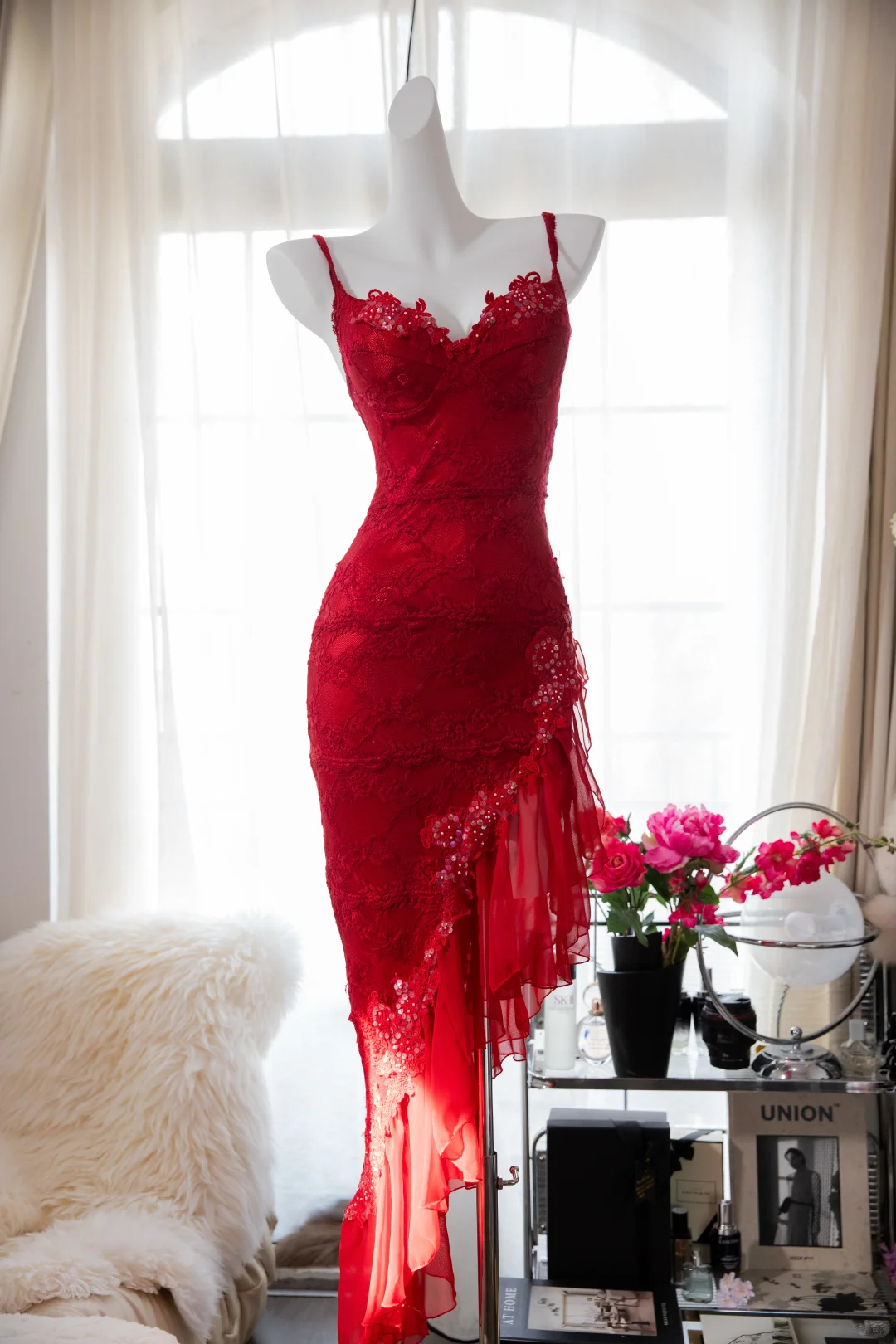 Sexy Sheath Spaghetti Strap Red Lace Chiffon Party Dress Evening Dress SH2956