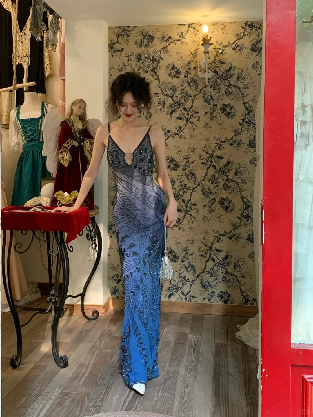 Vintage Blue Sheath Spaghetti Strap Exquisite Beaded Chiffon Prom Dress 22th Birthday Dress SH4406