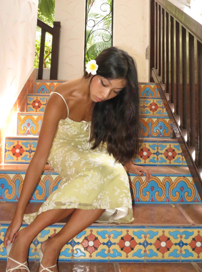 Cute Yellow A Line Spaghetti Strap Print Floral Satin Prom Dress Wedding Guest Dress SH4388