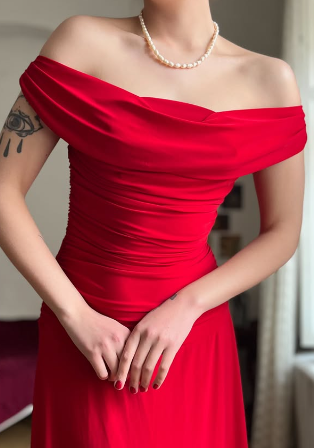 Simple Red A Line Pleated Satin Prom Dress Evening Dress Date Dress SH5632