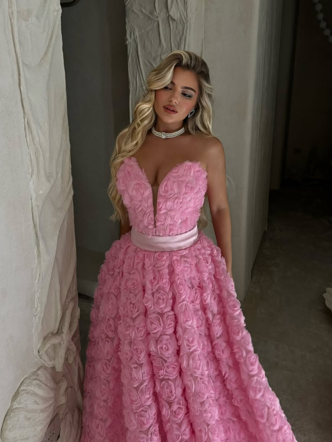 Sweety A Line Sweetheart Neck Floral Pink Tulle Long Prom Dress 16th Birthday Dress SH4761