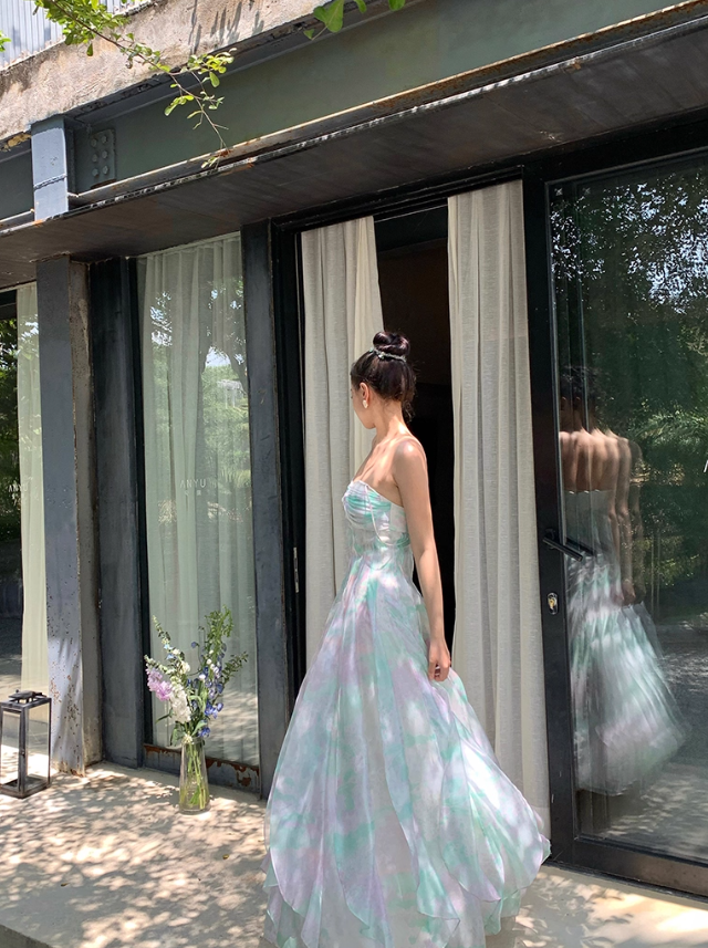 Dreamy Multi-color A Line Strapless Ruffle Chiffon Long Prom Dress Party Dress SH4038