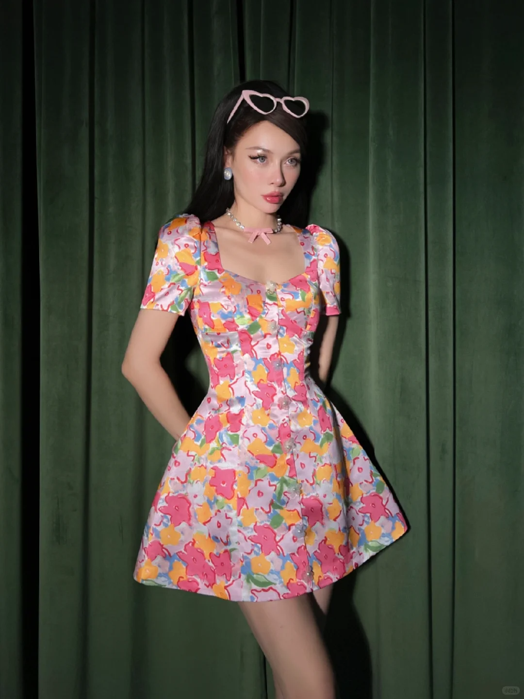Vintage A Line Pink Print Floral Satin Birthday Dress Homecoming Dress Outfits SH4240
