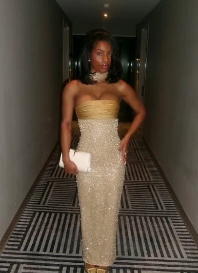 Shiny Sheath Strapless Long Yellow Sequin Satin Party Dresses Prom Dresses SH2898