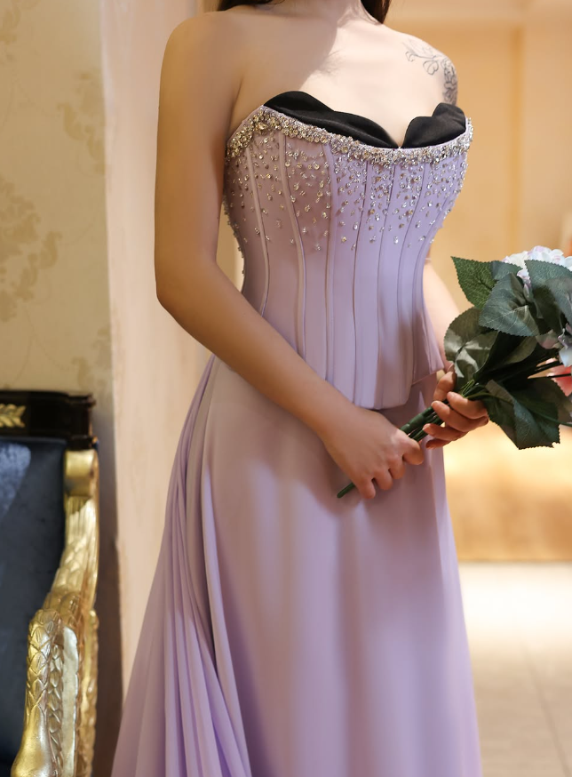Lilac A Line Sweetheart Neck Beaded Satin Chiffon Long Prom Dress Evening Dress SH2370