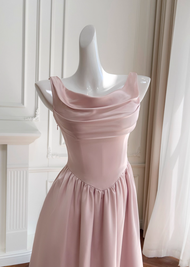 Gentle Pink A Line Straps Pleated Satin Homecoming Dress SH4507