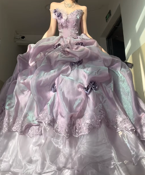 Dreamy Purple Ball Gown Off the Shoulder Rose Beaded Organza Prom Dress Party Dress SH5027