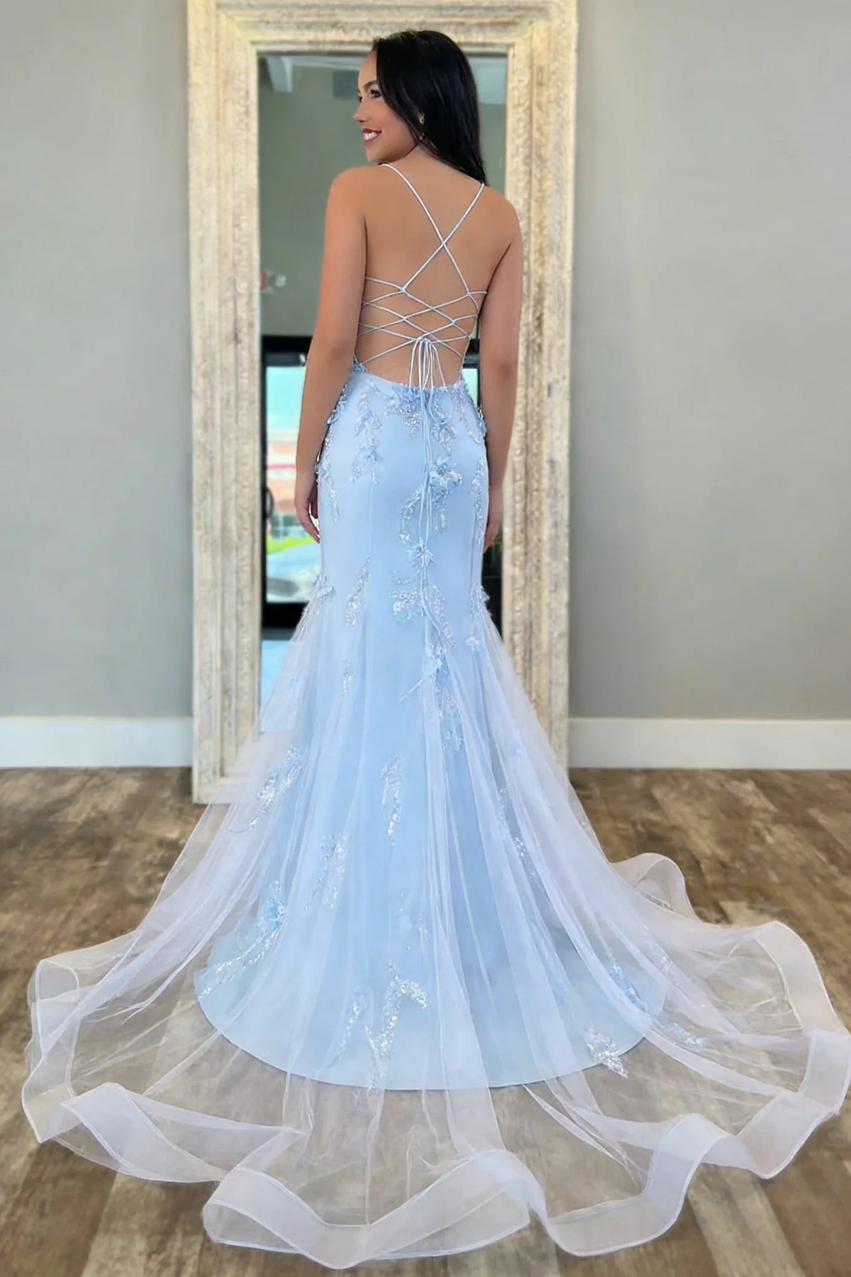 Chic Mermaid Spaghetti Straps Light Blue Mermaid Prom Dress with Tulle Train SH7779