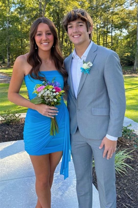 Strapless Blue Ruched Sheath Short Prom Dress SH1444