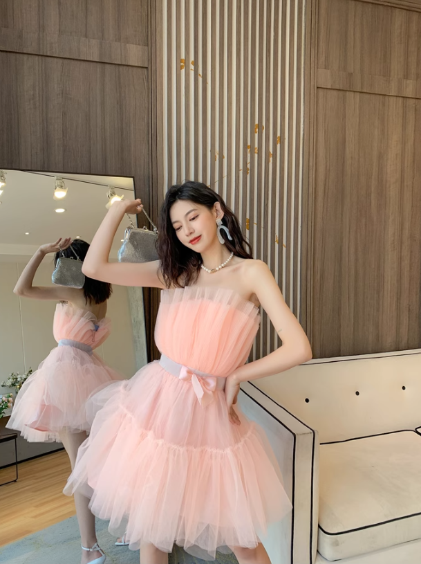 Pink A Line Strapless Tulle Short Outfit Party Dress Homecoming Dress Birthday Dress SH3527