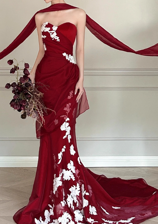 Burgundy Mermaid Sweetheart Neck White Applique Tulle Prom Dress Party Dress SH4077