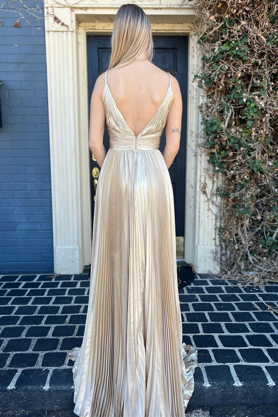 Gold A Line V Neck Satin Backless Long Prom Dress Evening Dress SH1643