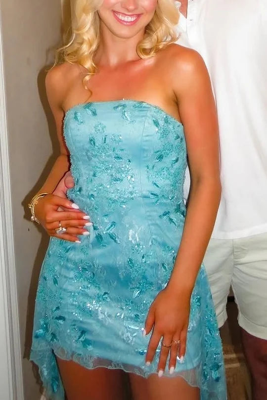 Blue Strapless Lace Appliques Sleeveless Short Homecoming Dress SH7801
